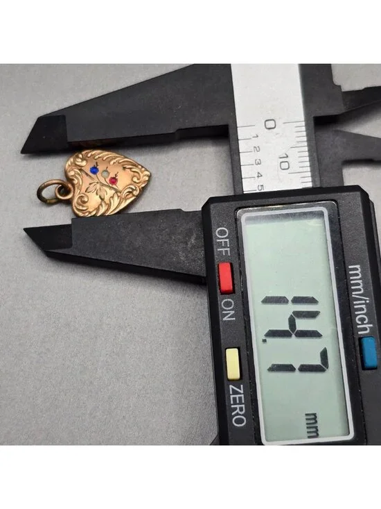 Antique Puffy Heart Charm Gold Filled Repousse Glass Paste Stone Pendant - Picture 5 of 8